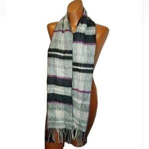 Nordstrom 100% Cashmere Fringed Long Neck Scarf Gray Purple Plaid Holiday Winter